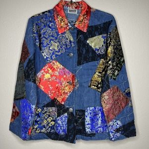 Chico's Design Women's Blue Denim Patchwork Button-up Jacket Size M (8)